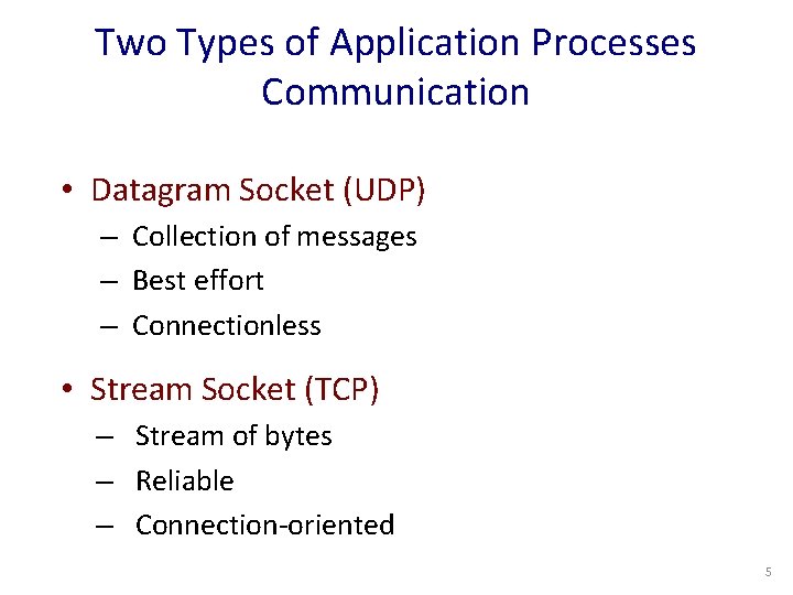 Two Types of Application Processes Communication • Datagram Socket (UDP) – Collection of messages