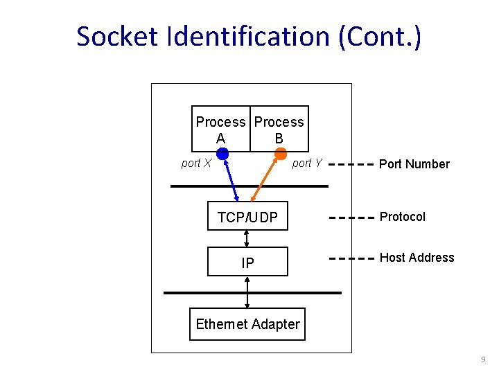 Socket Identification (Cont. ) Process A B port X port Y TCP/UDP IP Port