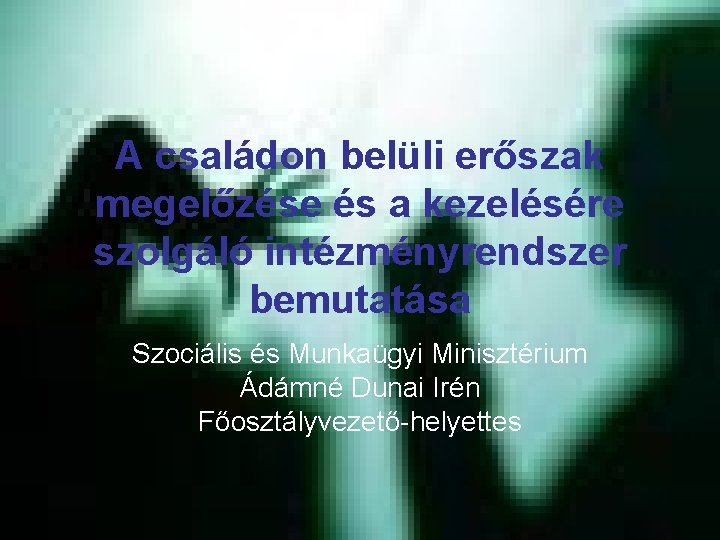 A családon belüli erőszak megelőzése és a kezelésére szolgáló intézményrendszer bemutatása Szociális és Munkaügyi