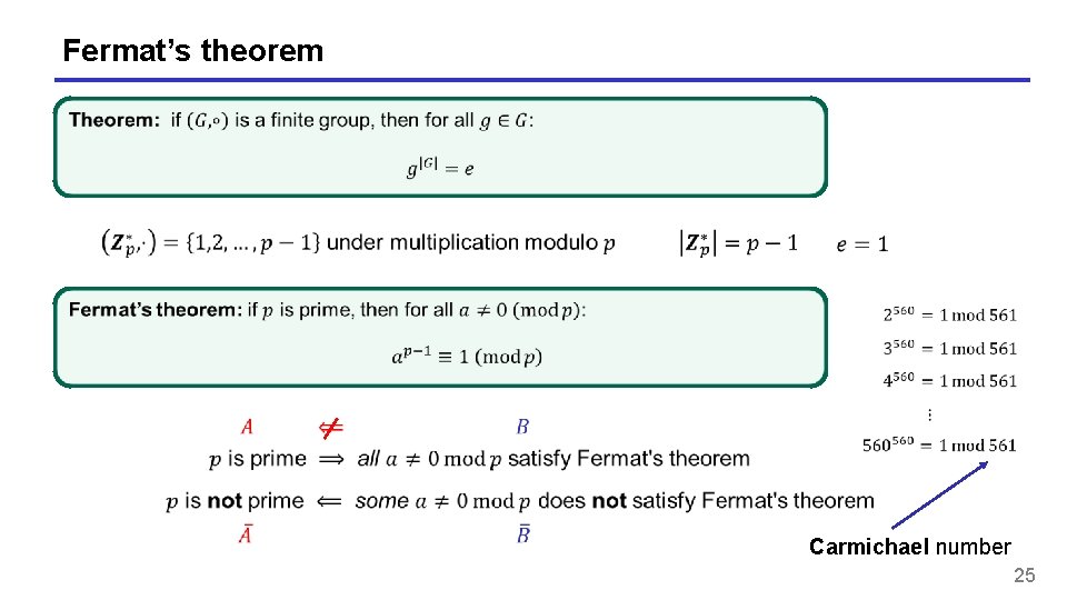 Fermat’s theorem Carmichael number 25 