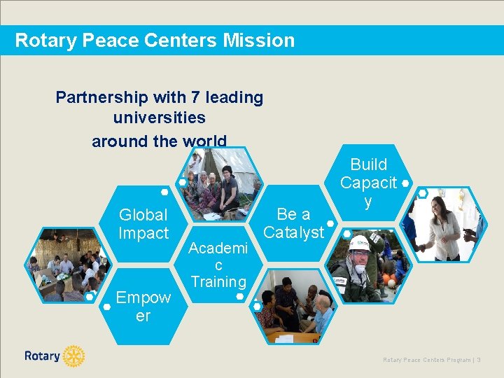 Rotary Peace Centers Mission Partnership with 7 leading universities around the world Global Impact