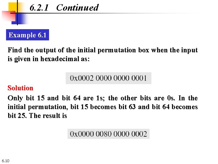 6. 2. 1 Continued Example 6. 1 Find the output of the initial permutation 6. 2. 1 Continued Example 6. 1 Find the output of the initial permutation
