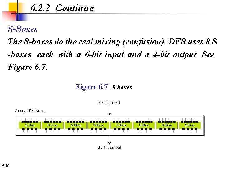 6. 2. 2 Continue S-Boxes The S-boxes do the real mixing (confusion). DES uses 6. 2. 2 Continue S-Boxes The S-boxes do the real mixing (confusion). DES uses