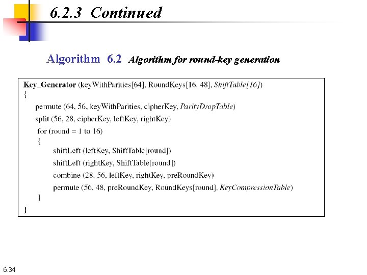 6. 2. 3 Continued Algorithm 6. 2 Algorithm for round-key generation 6. 34 6. 2. 3 Continued Algorithm 6. 2 Algorithm for round-key generation 6. 34