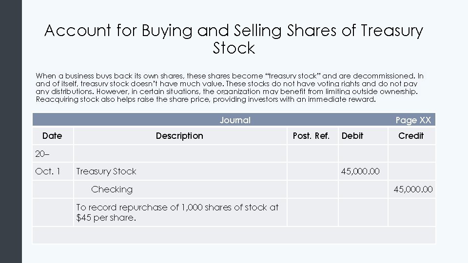 Account for Buying and Selling Shares of Treasury Stock When a business buys back