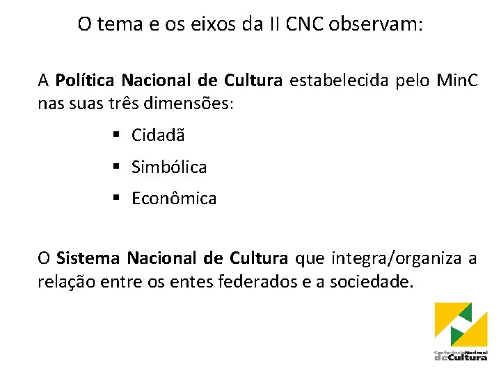 O tema e os eixos da II CNC observam: A Política Nacional de Cultura