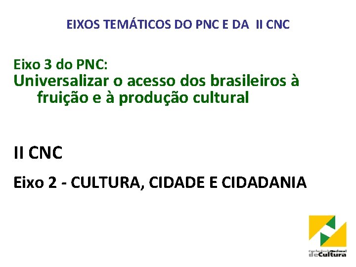 EIXOS TEMÁTICOS DO PNC E DA II CNC Eixo 3 do PNC: Universalizar o