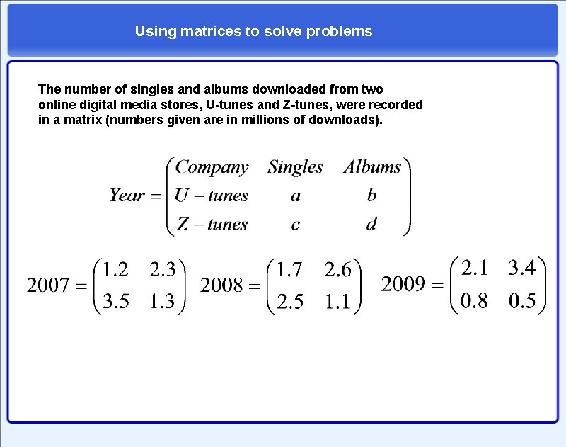 Using matrices to solve problems The number of singles and albums downloaded from two