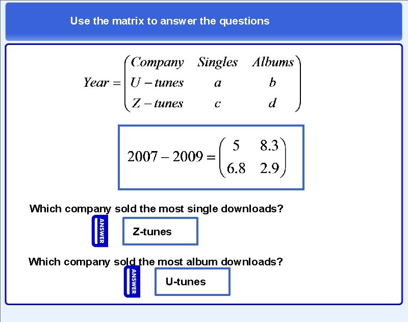 Use the matrix to answer the questions Which company sold the most single downloads?