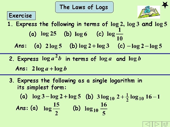 The Laws of Logs Exercise 1. Express the following in terms of (a) Ans: