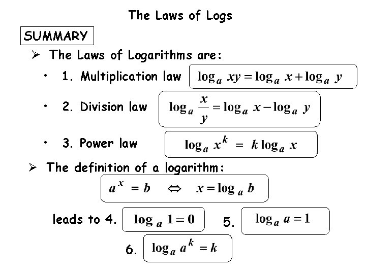 The Laws of Logs SUMMARY Ø The Laws of Logarithms are: • 1. Multiplication