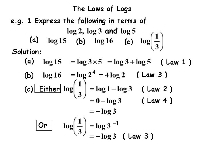 The Laws of Logs e. g. 1 Express the following in terms of (a)