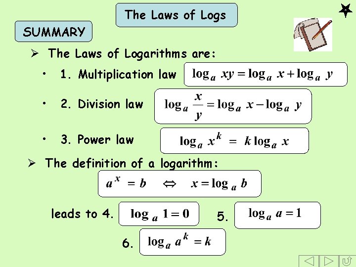 The Laws of Logs SUMMARY Ø The Laws of Logarithms are: • 1. Multiplication