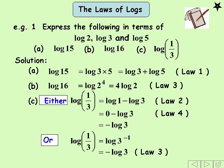 The Laws of Logs e. g. 1 Express the following in terms of (a)