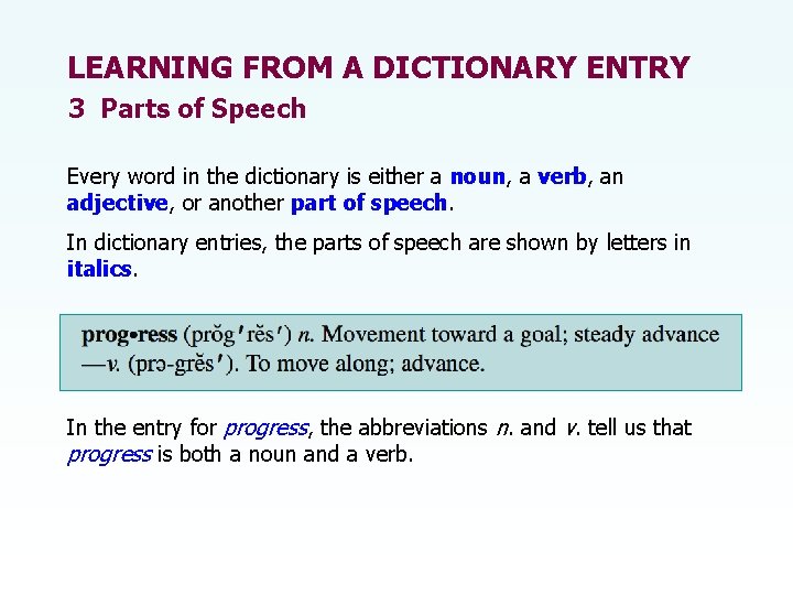 LEARNING FROM A DICTIONARY ENTRY 3 Parts of Speech Every word in the dictionary