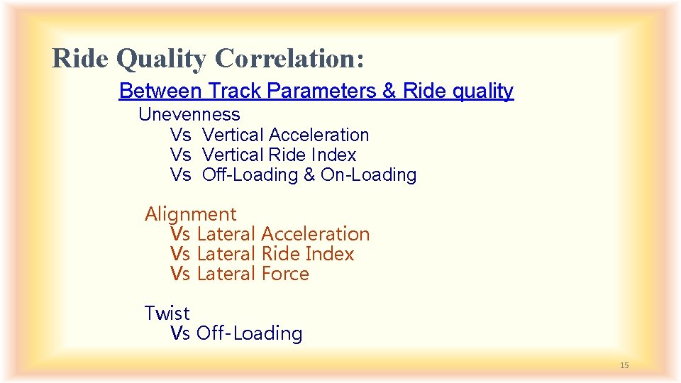 Ride Quality Correlation: Between Track Parameters & Ride quality Unevenness Vs Vertical Acceleration Vs