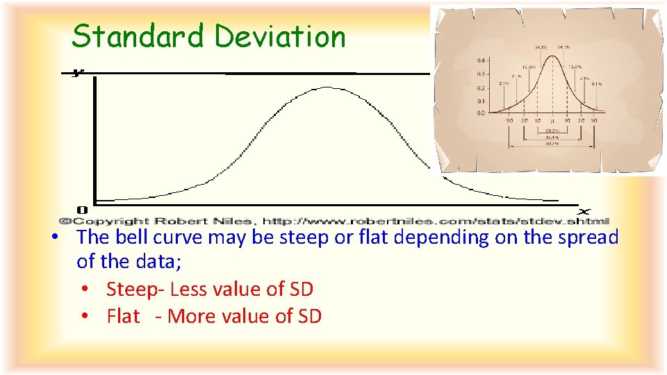 Standard Deviation • The bell curve may be steep or flat depending on the