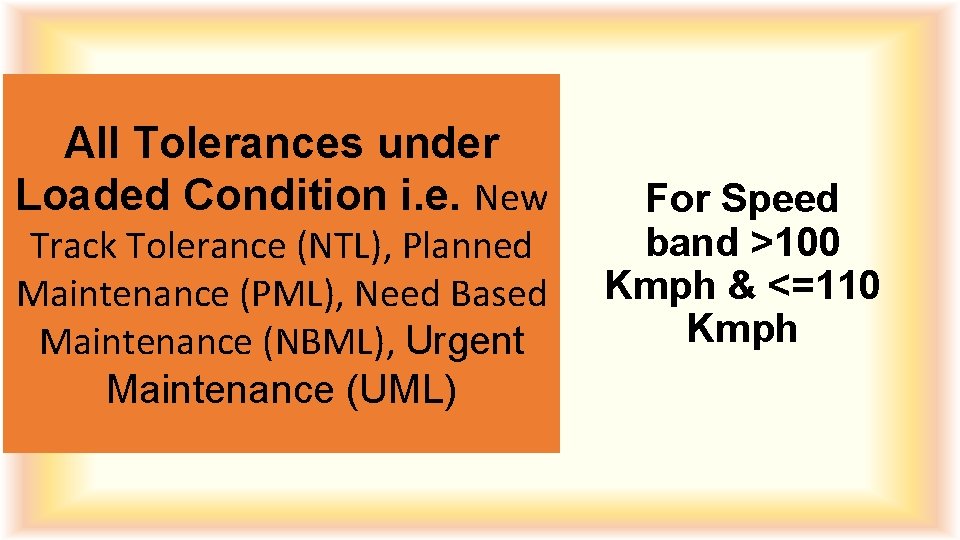 All Tolerances under Loaded Condition i. e. New Track Tolerance (NTL), Planned Maintenance (PML),