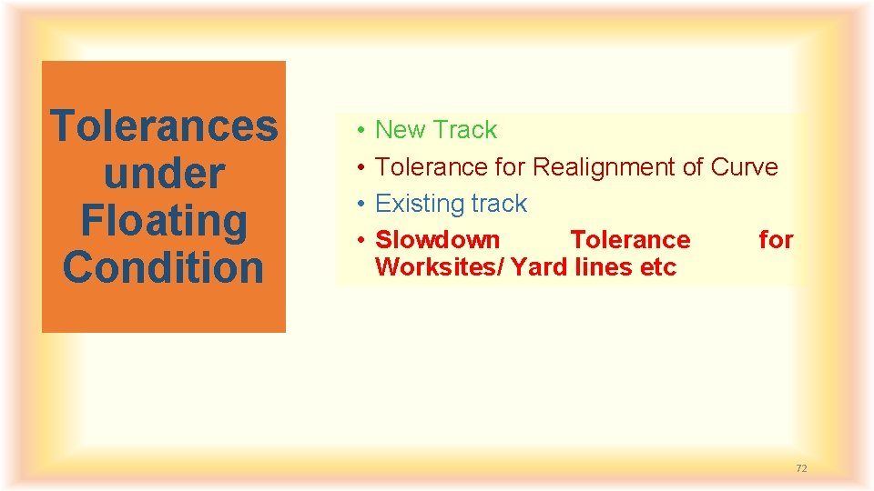 Tolerances under Floating Condition • • New Track Tolerance for Realignment of Curve Existing