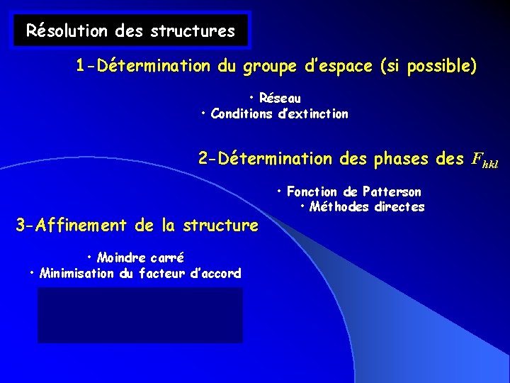 Résolution des structures 1 -Détermination du groupe d’espace (si possible) • Réseau • Conditions