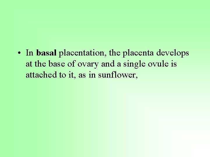  • In basal placentation, the placenta develops at the base of ovary and