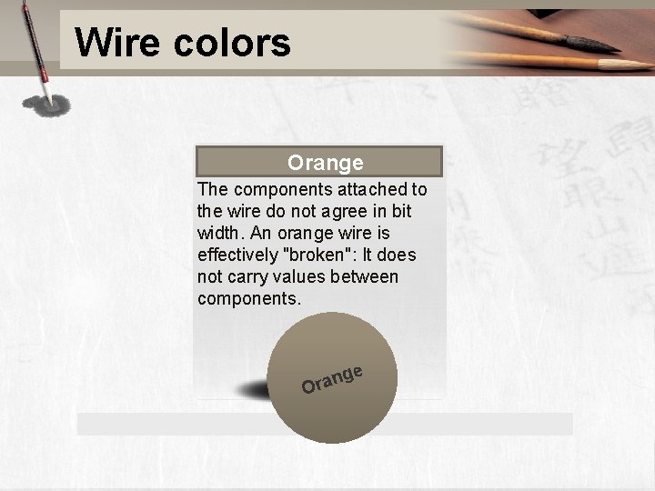 Wire colors Orange The components attached to the wire do not agree in bit