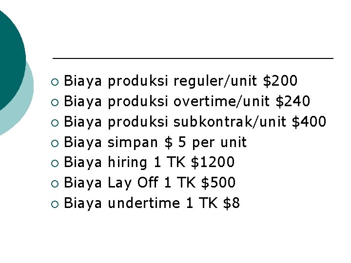 Biaya ¡ Biaya ¡ produksi reguler/unit $200 produksi overtime/unit $240 produksi subkontrak/unit $400 simpan