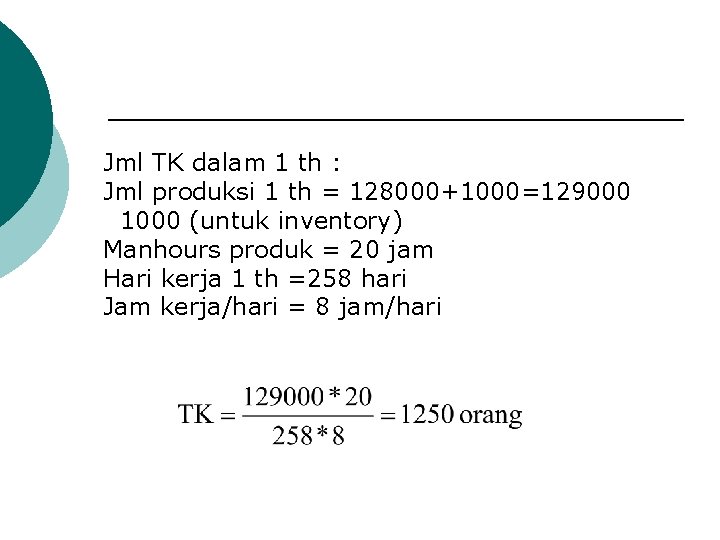 Jml TK dalam 1 th : Jml produksi 1 th = 128000+1000=129000 1000 (untuk