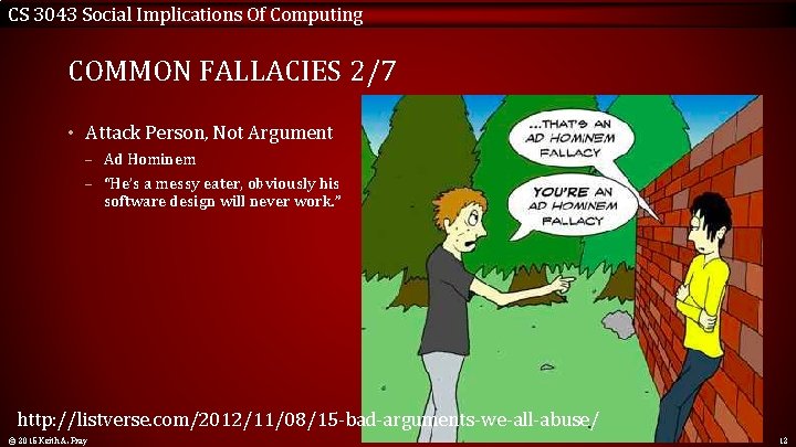 CS 3043 Social Implications Of Computing COMMON FALLACIES 2/7 • Attack Person, Not Argument