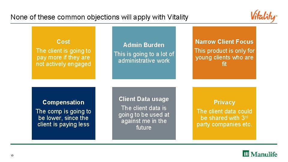 None of these common objections will apply with Vitality 13 Cost The client is