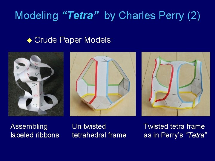 Modeling “Tetra” by Charles Perry (2) u Crude Assembling labeled ribbons Paper Models: Un-twisted