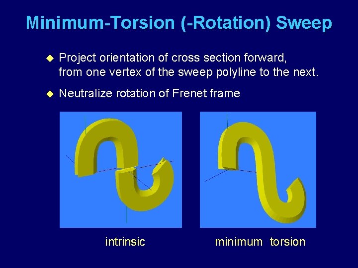 Minimum-Torsion (-Rotation) Sweep u Project orientation of cross section forward, from one vertex of