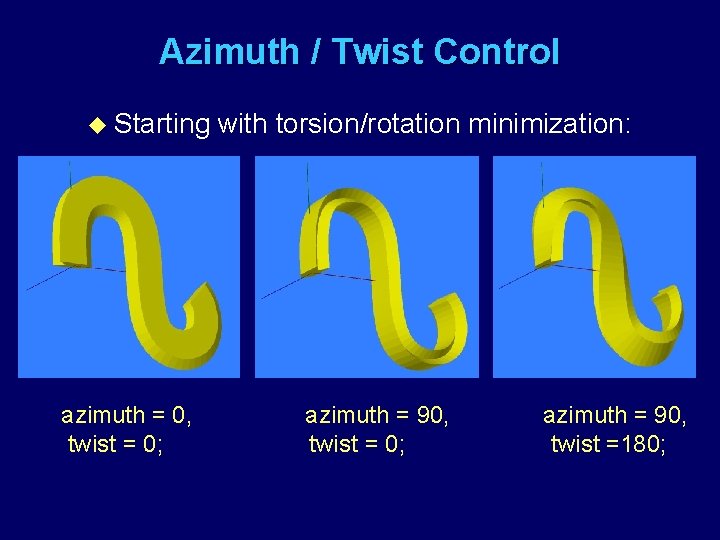 Azimuth / Twist Control u Starting azimuth = 0, twist = 0; with torsion/rotation