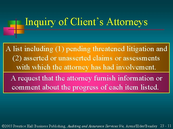 Inquiry of Client’s Attorneys A list including (1) pending threatened litigation and (2) asserted