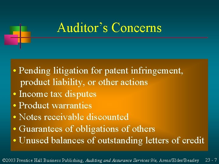 Auditor’s Concerns • Pending litigation for patent infringement, product liability, or other actions •