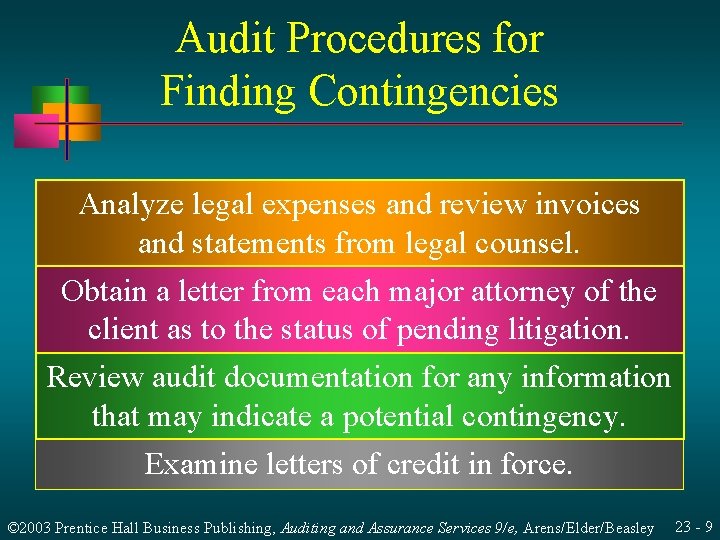 Audit Procedures for Finding Contingencies Analyze legal expenses and review invoices and statements from