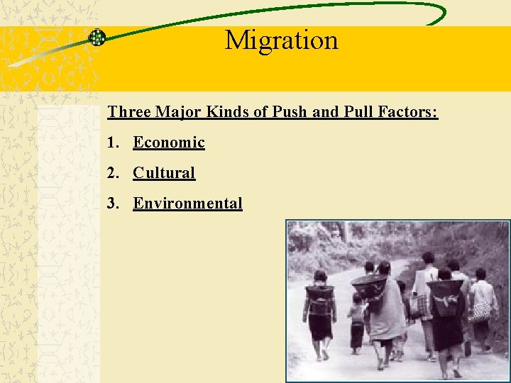 Migration Three Major Kinds of Push and Pull Factors: 1. Economic 2. Cultural 3.