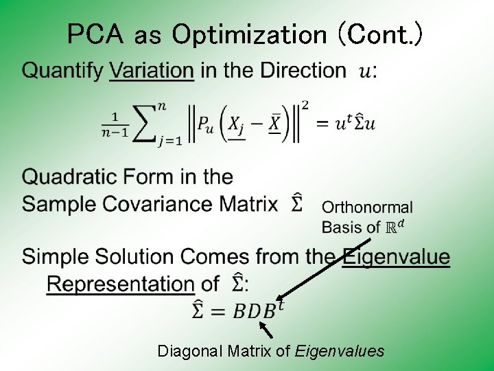PCA as Optimization (Cont. ) Diagonal Matrix of Eigenvalues 