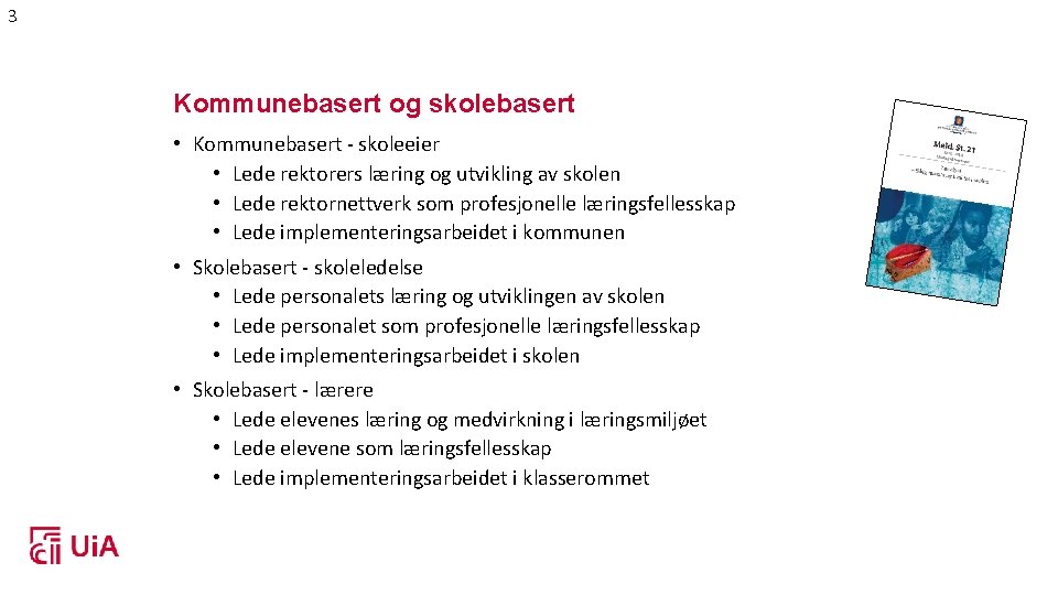 3 Kommunebasert og skolebasert • Kommunebasert - skoleeier • Lede rektorers læring og utvikling