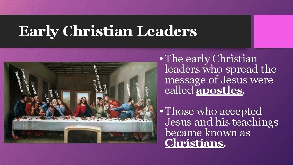 Early Christian Leaders • The early Christian leaders who spread the message of Jesus