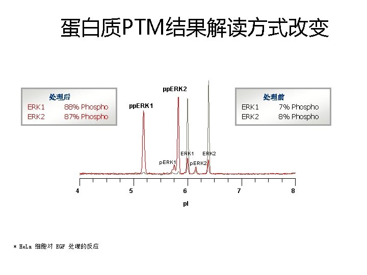 蛋白质PTM结果解读方式改变 pp. ERK 2 处理后 ERK 1 88% Phospho ERK 2 87% Phospho 处理前
