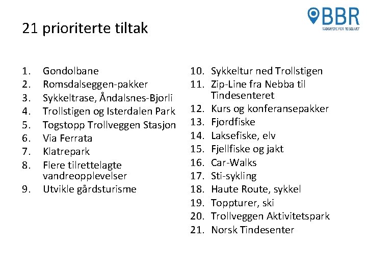 21 prioriterte tiltak 1. 2. 3. 4. 5. 6. 7. 8. 9. Gondolbane Romsdalseggen-pakker