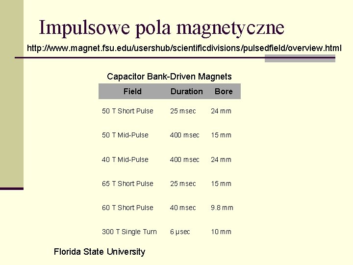 Impulsowe pola magnetyczne http: //www. magnet. fsu. edu/usershub/scientificdivisions/pulsedfield/overview. html Capacitor Bank-Driven Magnets Field Duration