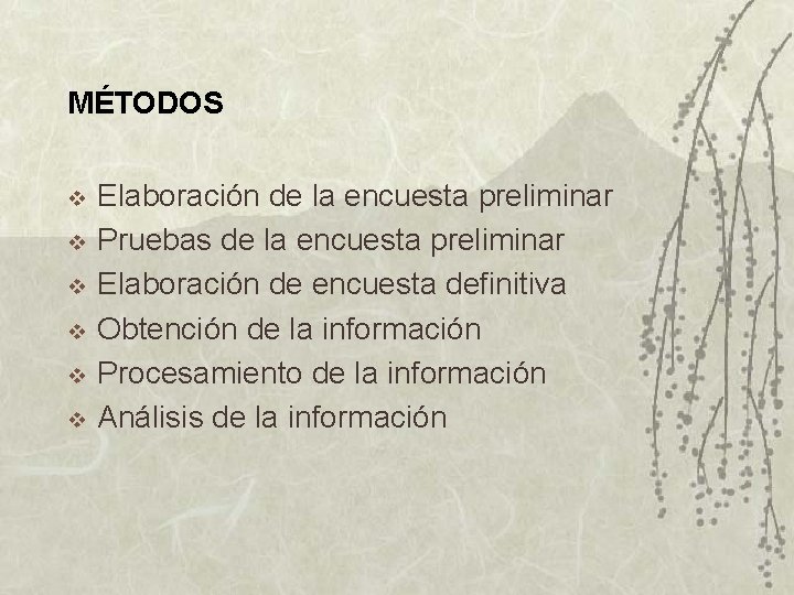 MÉTODOS v v v Elaboración de la encuesta preliminar Pruebas de la encuesta preliminar