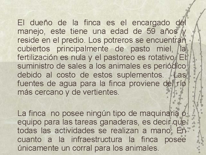 El dueño de la finca es el encargado del manejo, este tiene una edad