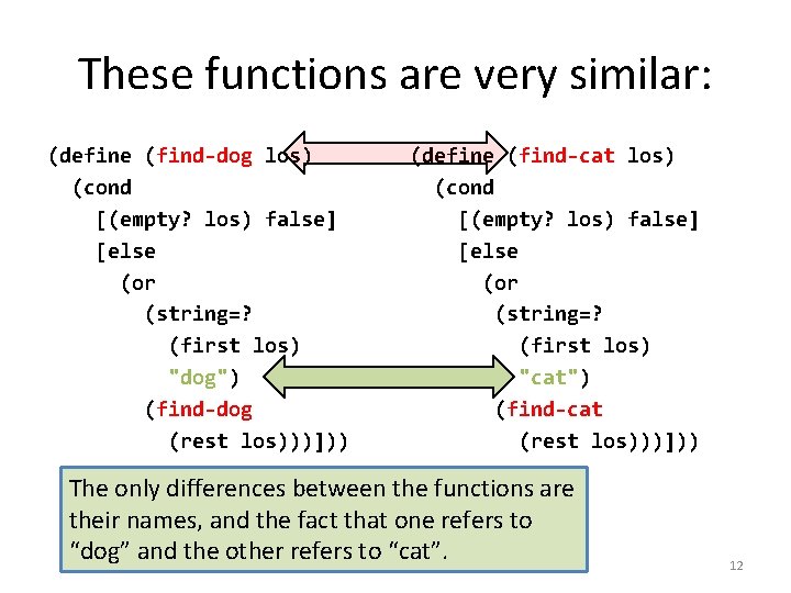 These functions are very similar: (define (find-dog los) (cond [(empty? los) false] [else (or