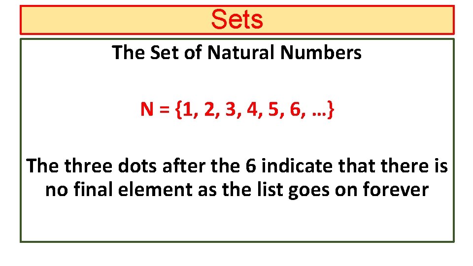 Sets The Set of Natural Numbers N = {1, 2, 3, 4, 5, 6,