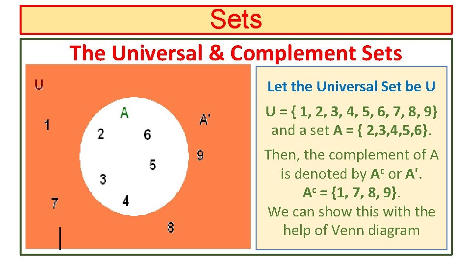 Sets The Universal & Complement Sets Let the Universal Set be U U =