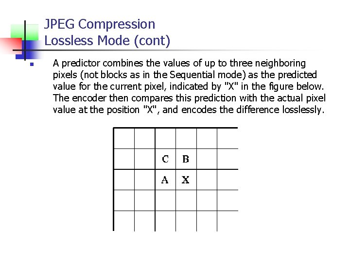 JPEG Compression Lossless Mode (cont) n A predictor combines the values of up to