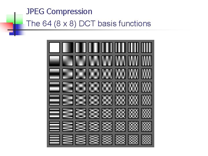 JPEG Compression The 64 (8 x 8) DCT basis functions 